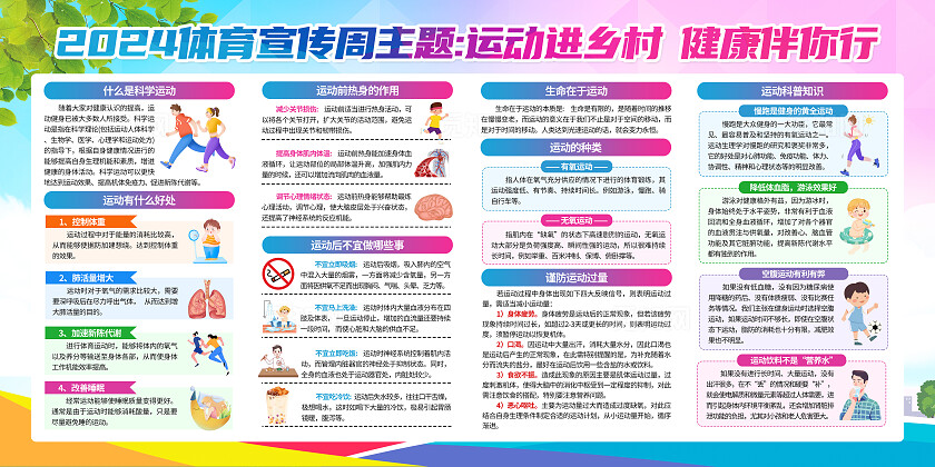 蓝紫色扁平化2024年体育宣传周运动进乡村健康伴你行宣传栏背景