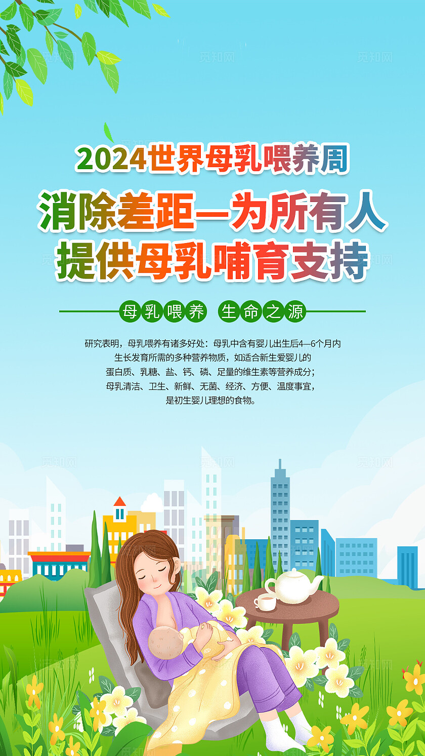 蓝绿色小清新2024年母乳喂养周知识宣传海报套图背景