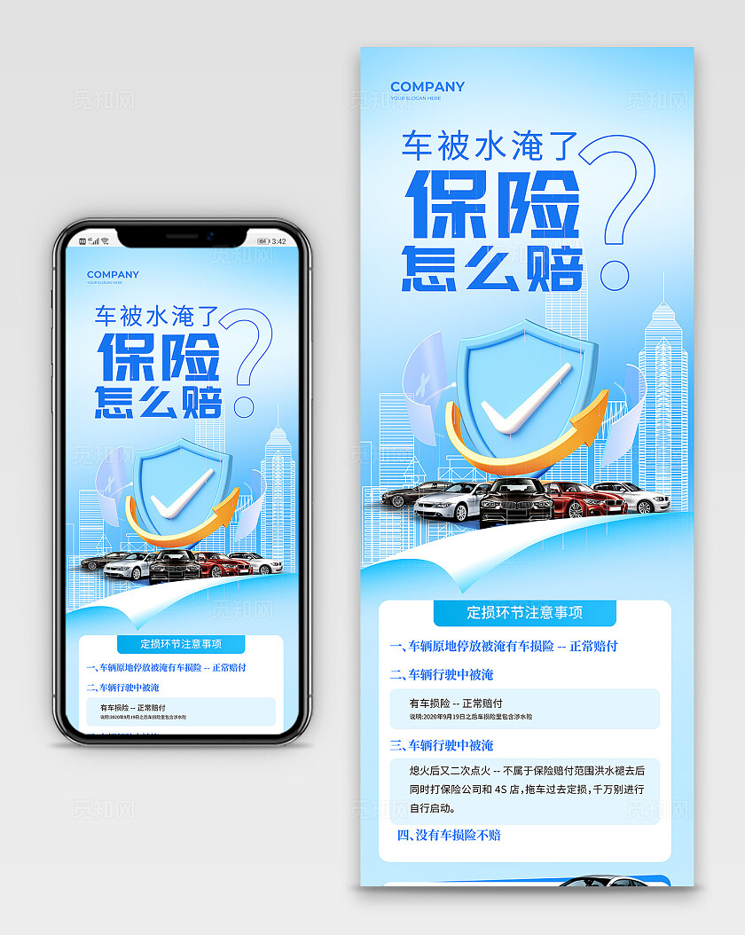 蓝色简约风汽车保险理赔介绍长图