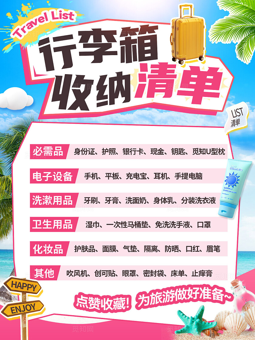 清新粉色小红书封面图文海报旅游必备清单旅行知识分享攻略