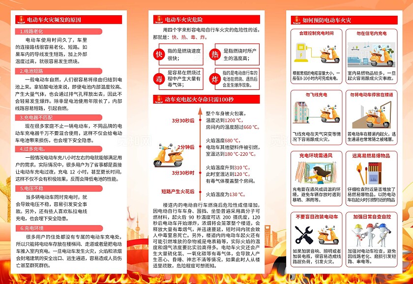 黄色预防电动车火灾安全知识三折页夏季电瓶车防火