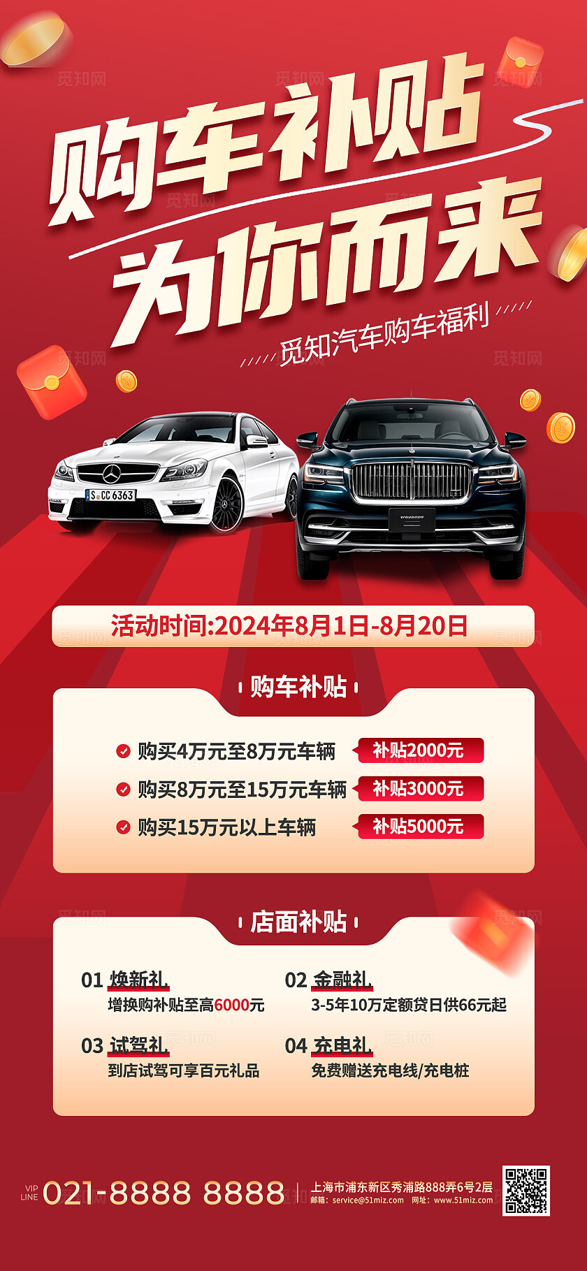 红色金色大气新能源汽车补贴优惠购车活动促销宣传手机海报