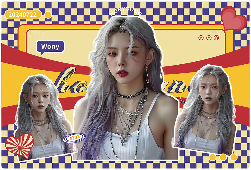 黄色系美式复古风紫色格子爱心元素粉丝应援明信片