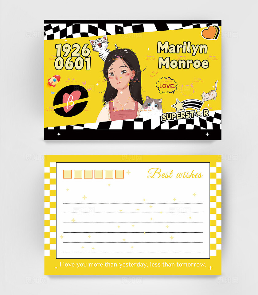 黄色涂鸦卡通猫咪小女孩星星蓝色格子元素粉丝应援明信片