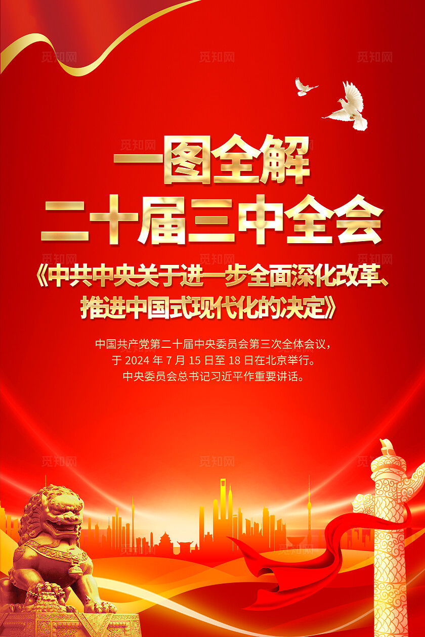 红色大气二十届三中全会公报知识宣传海报套图背景