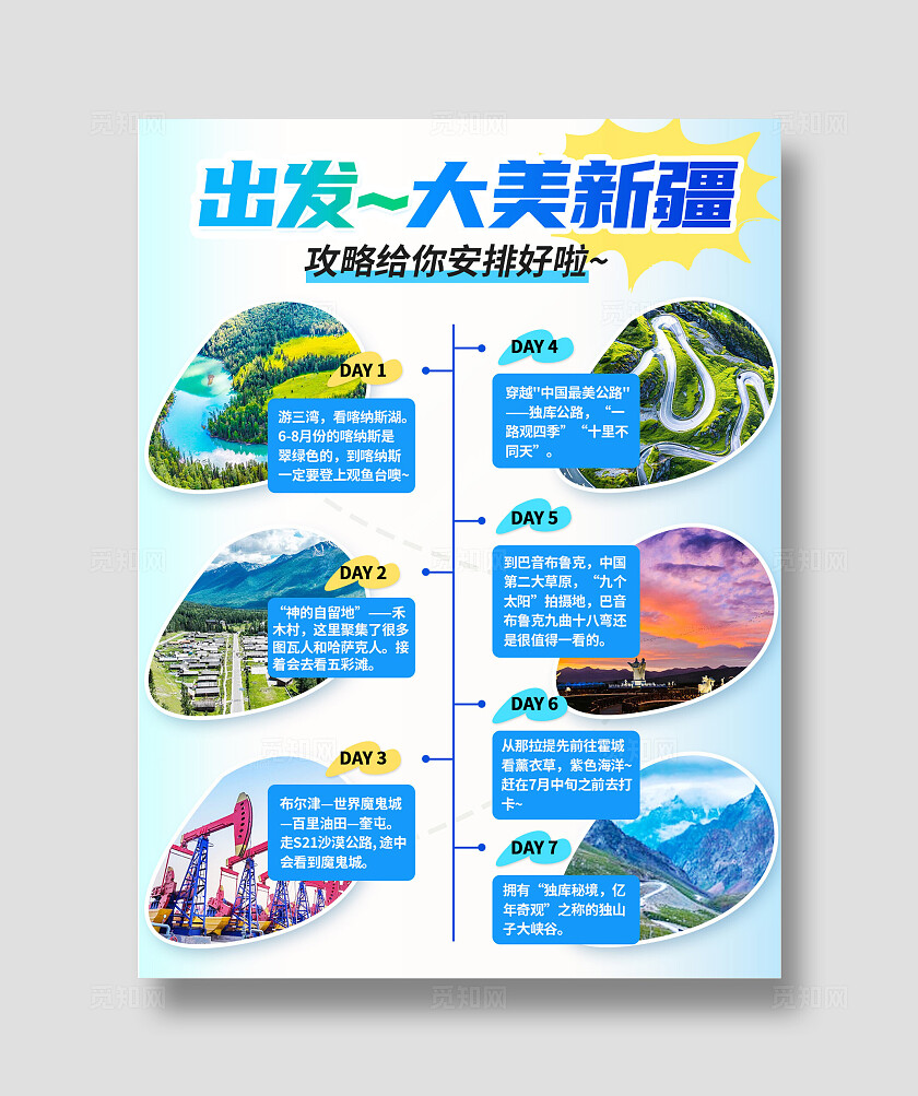 蓝色简约小清新新疆旅游线路攻略小红书配图封面图文海报