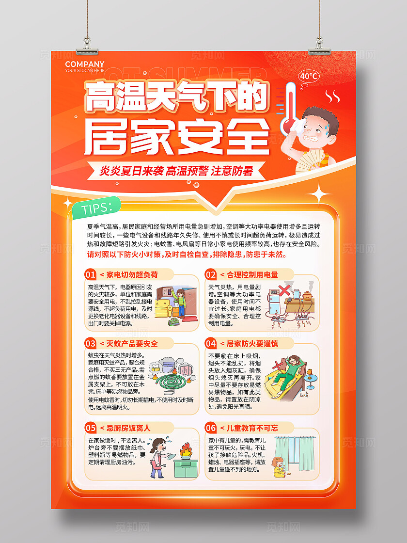 橘色橙色插画风创意高温预警防暑夏天夏季高温防火手机宣传海报夏季家庭防火