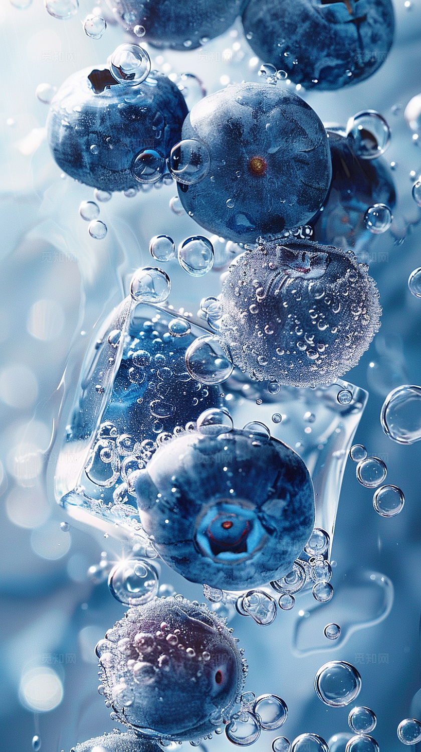 写实AI实景蓝莓与冰块的碰撞手机壁纸2024壁纸高清图片