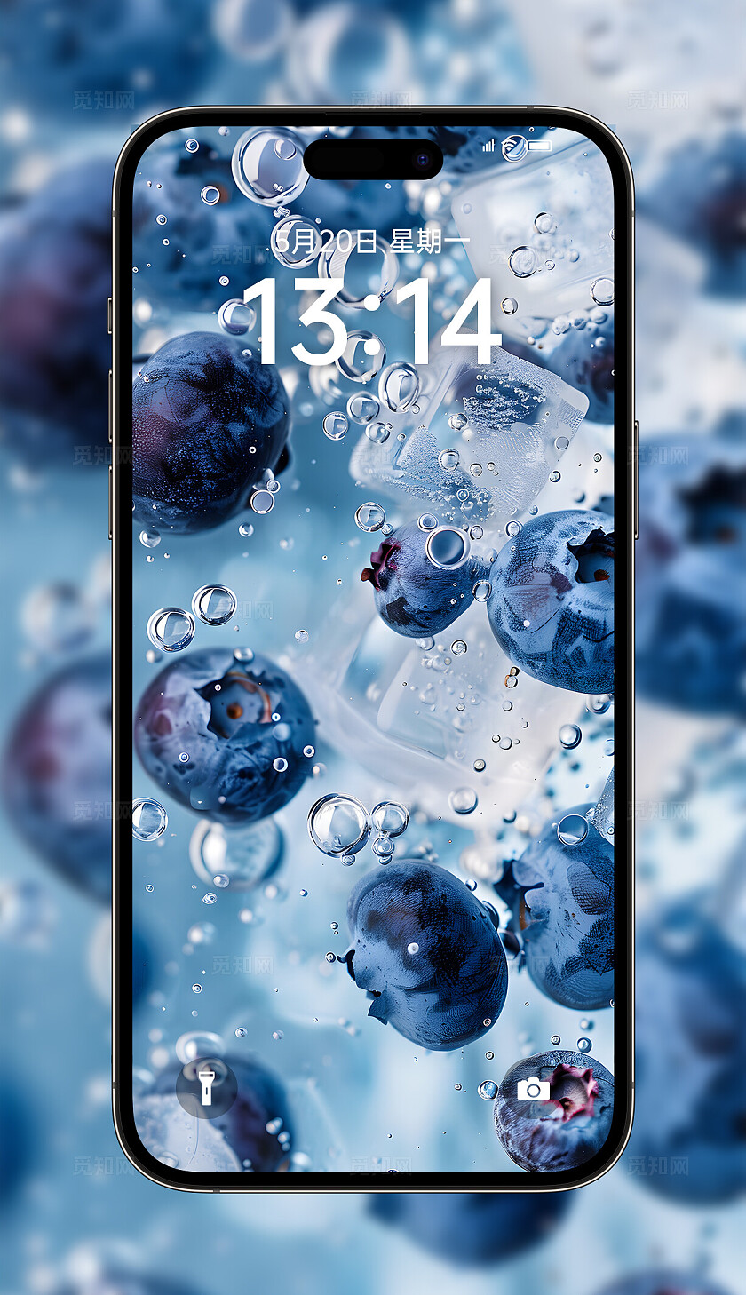 水果壁纸蓝莓与冰块的碰撞AI手机壁纸2024高清手机壁纸