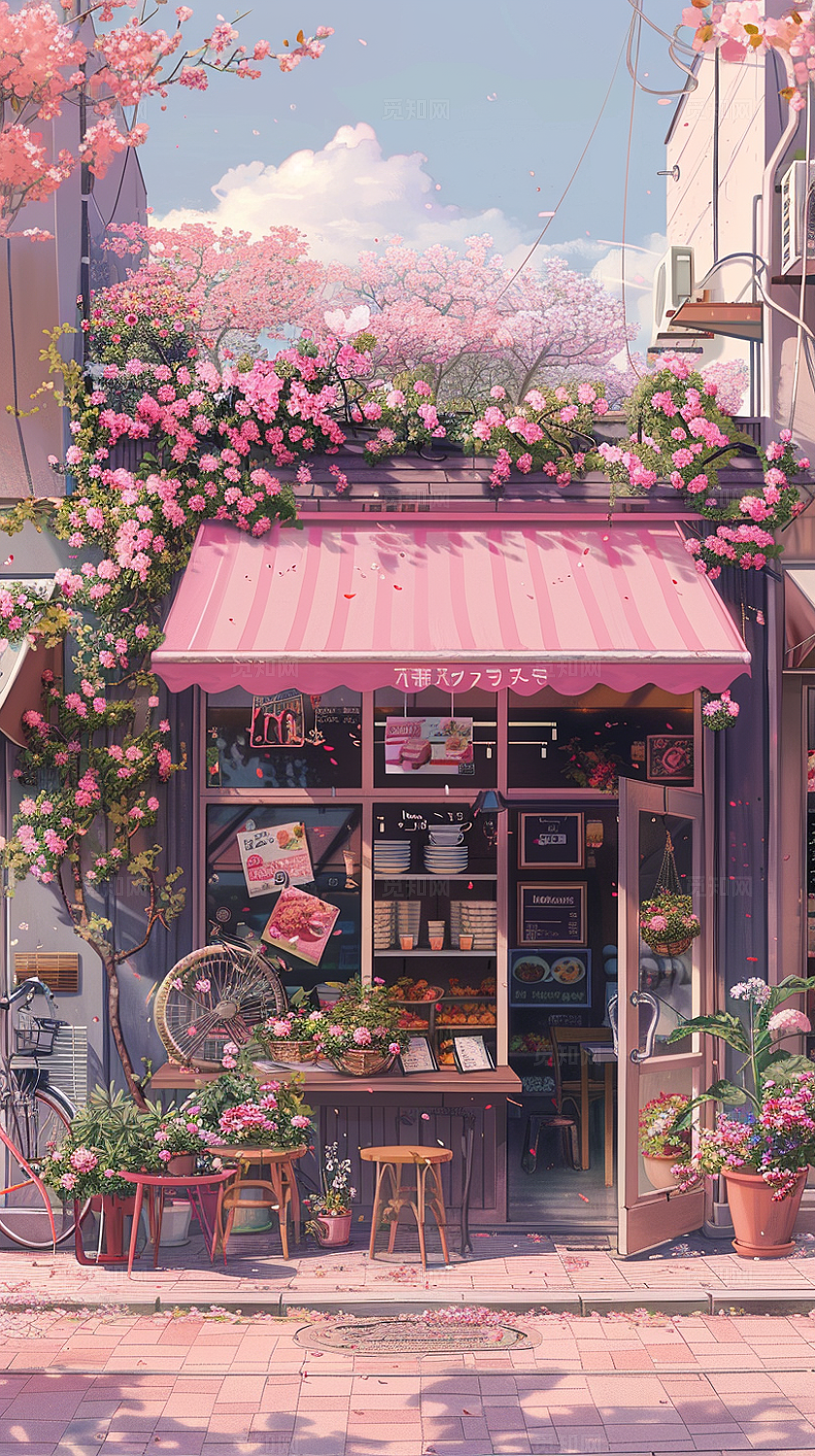 粉色可爱2024咖啡屋手机壁纸鲜花围绕的咖啡屋壁纸