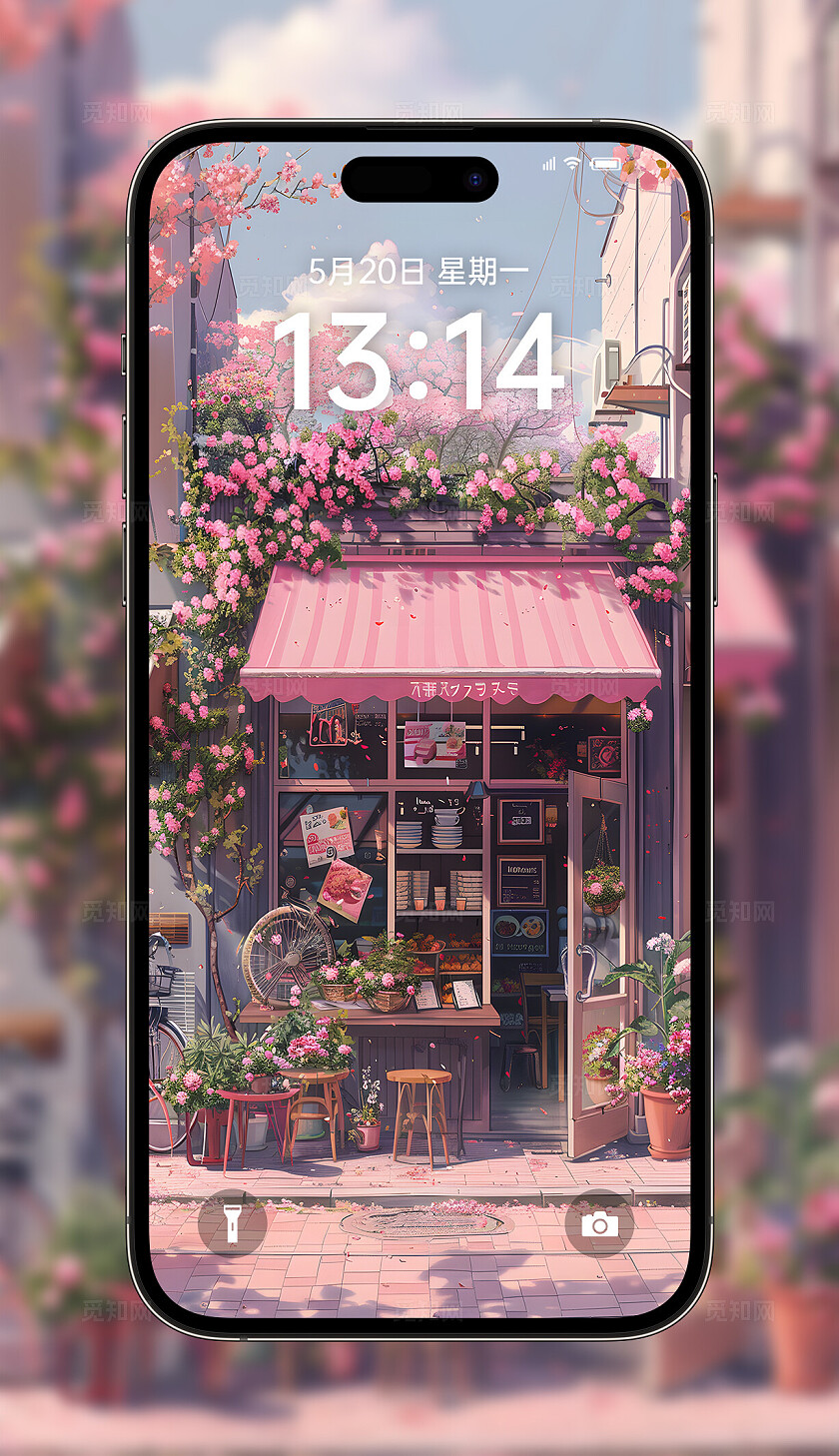 粉色可爱2024咖啡屋手机壁纸鲜花围绕的咖啡屋壁纸