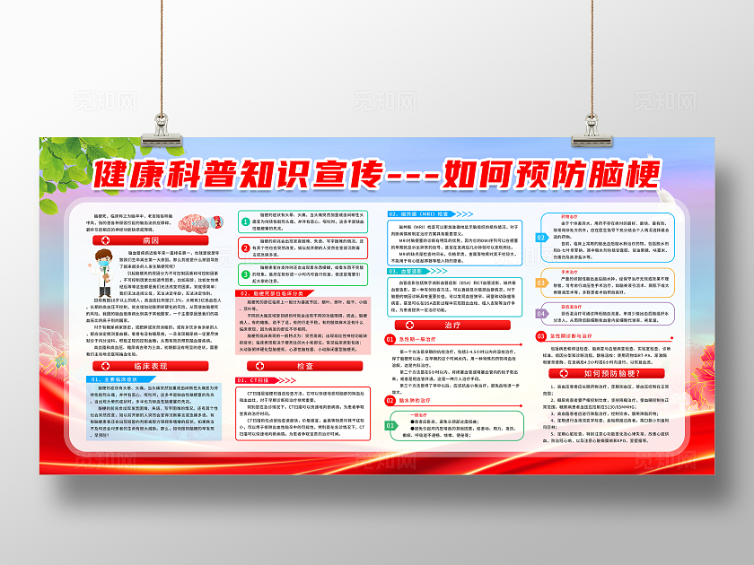 红色简约风科学预防脑梗塞健康教育宣传栏展板设计脑健康