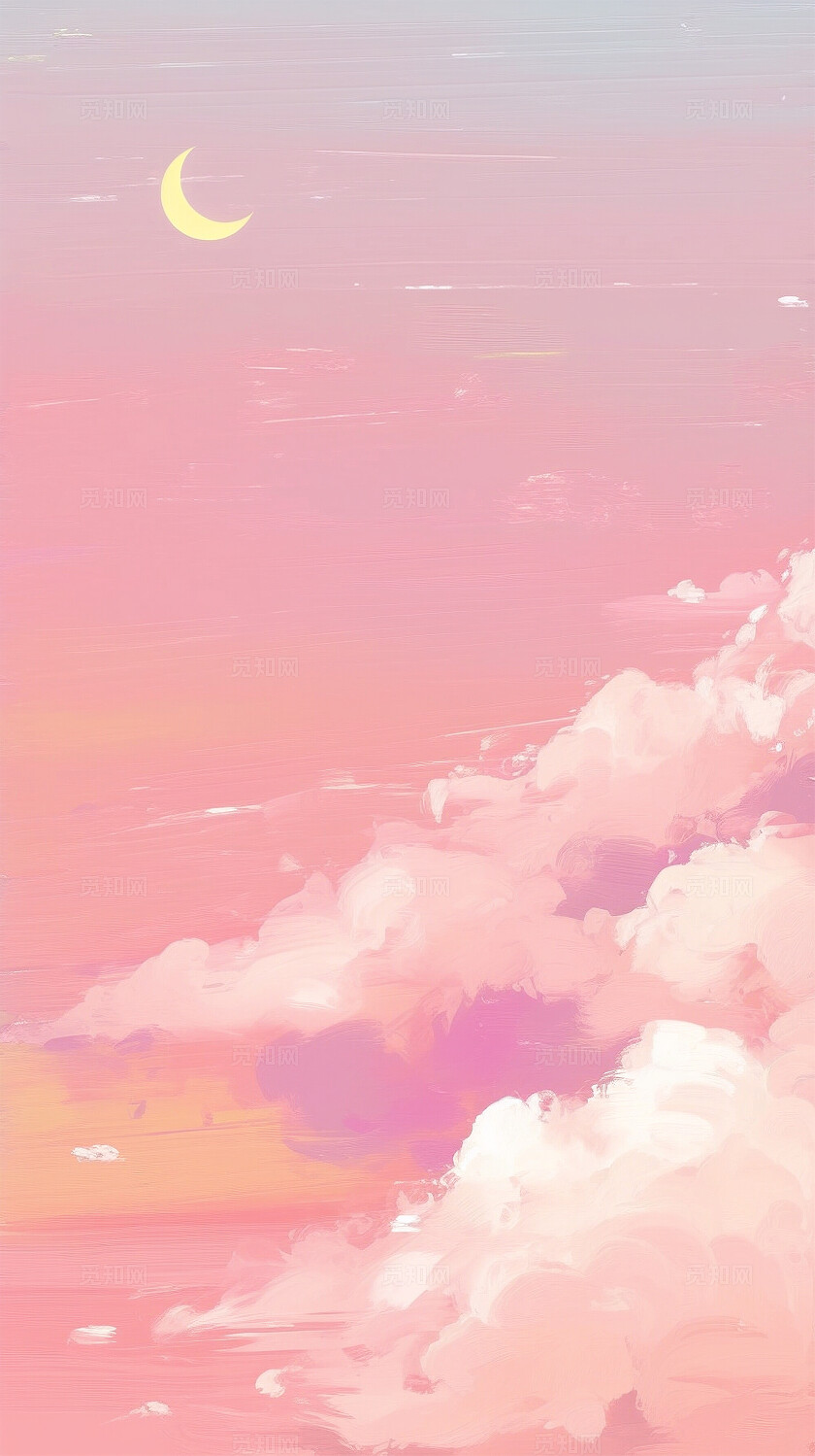 手绘粉色云朵天空月亮唯美卡通手机壁纸