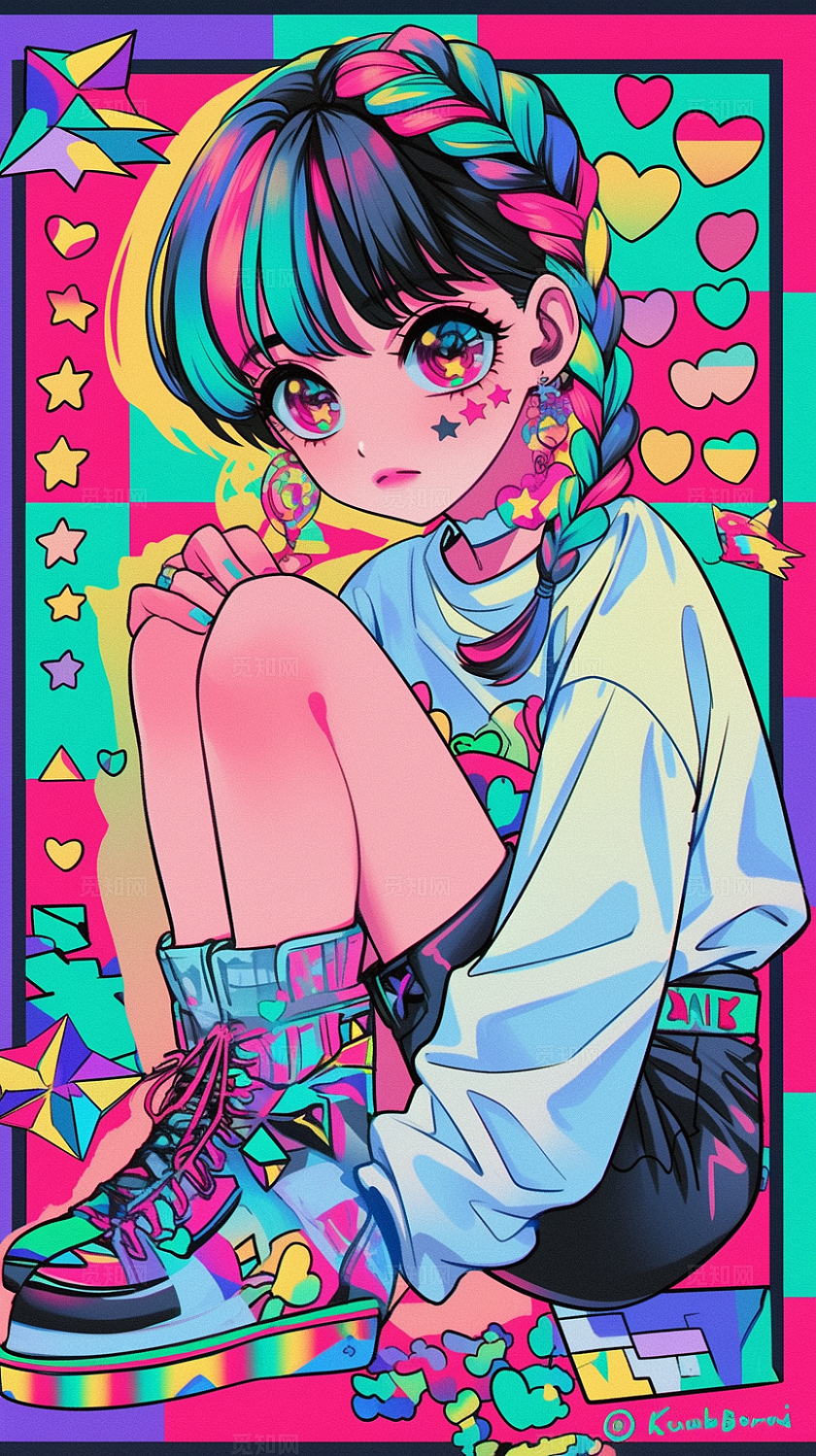 复古动漫插图风格女生手机壁纸高清壁纸