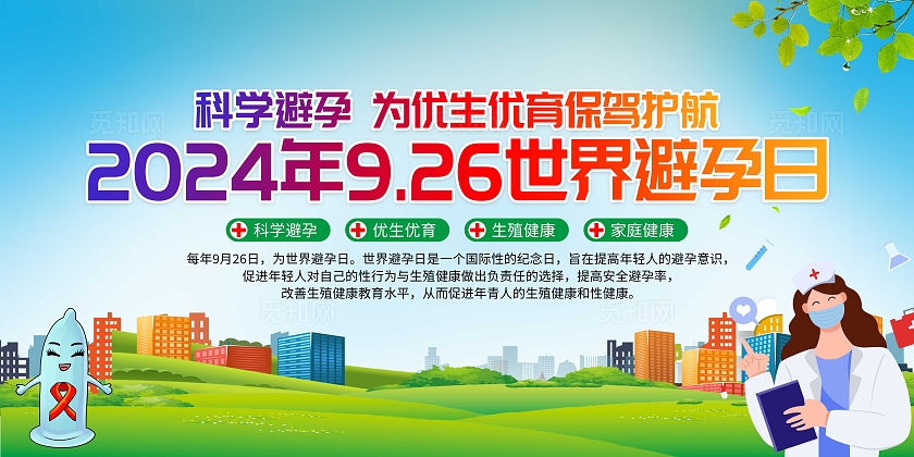 2024年蓝色卡通世界避孕日宣传展板科学避孕