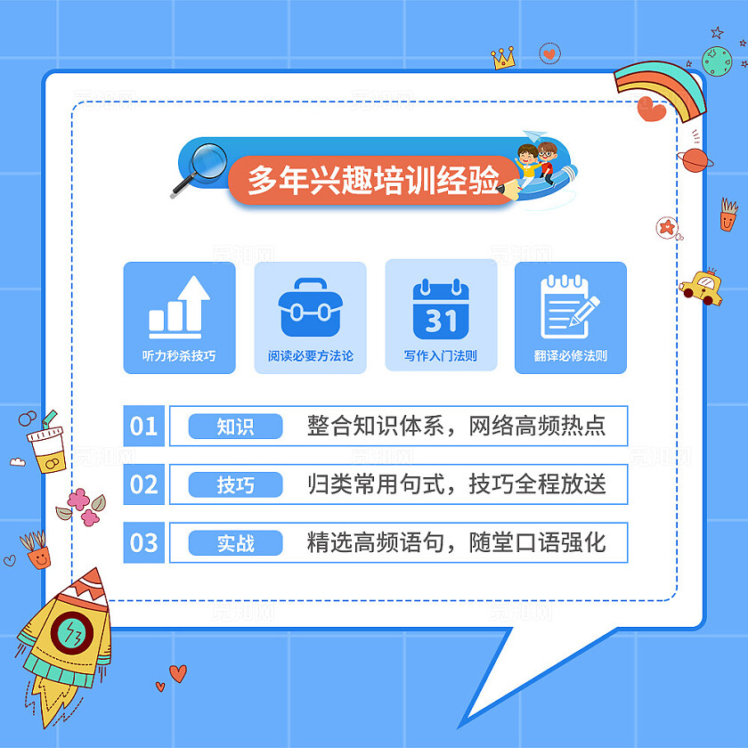 蓝色简约卡通风开学提高班特惠抢课九宫格交叉排版