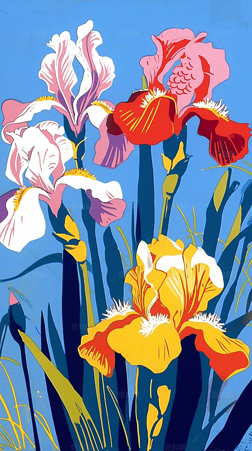 插画风彩色鸢尾鲜花花朵装饰画红包封面