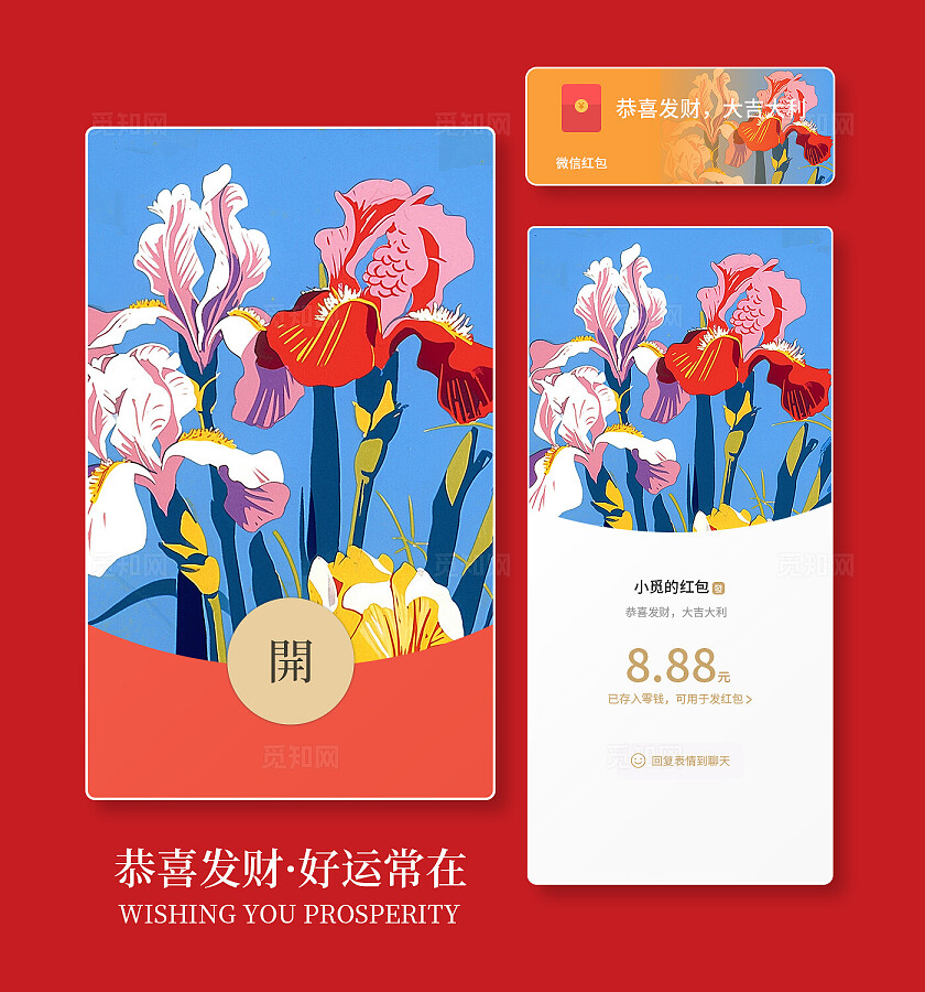 插画风彩色鸢尾鲜花花朵装饰画红包封面