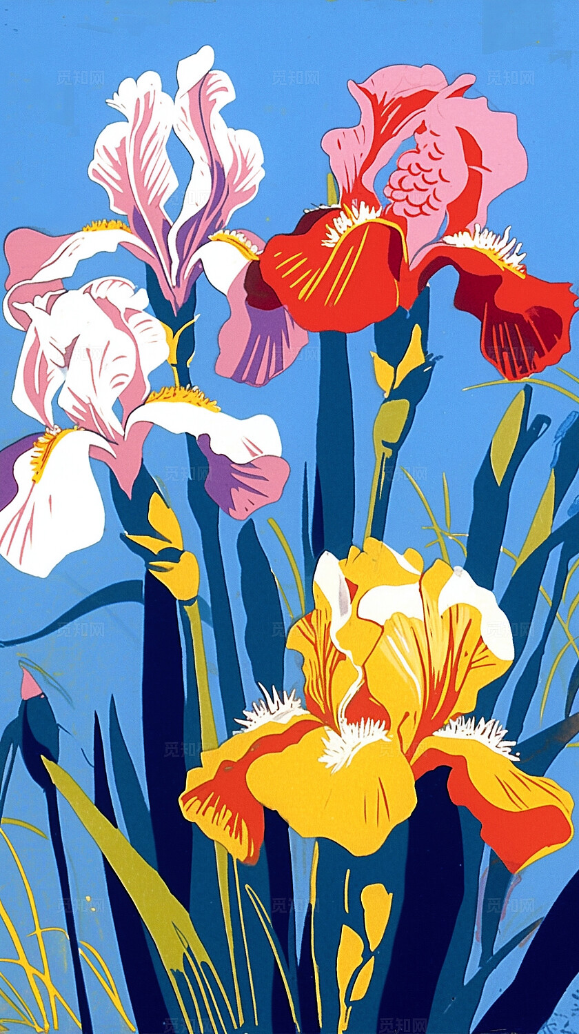 插画风彩色鸢尾鲜花花朵装饰画红包封面