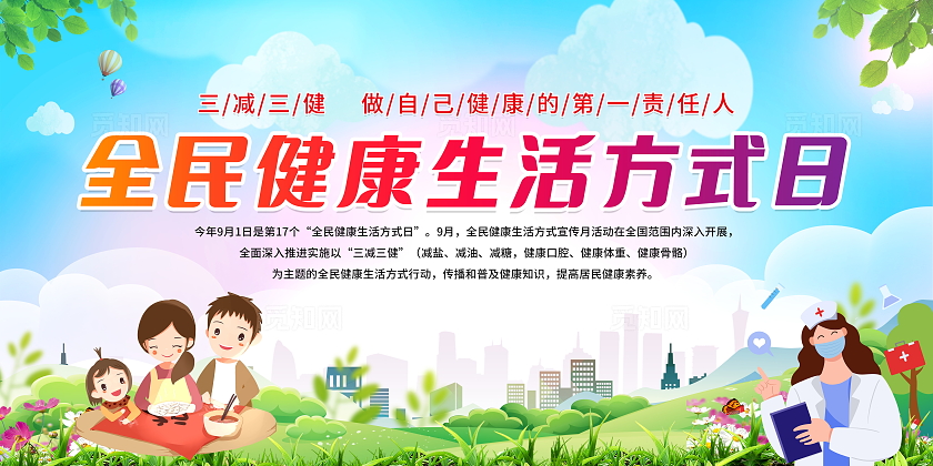 绿色清新简约全民健康生活方式行动科普宣传栏展板设计