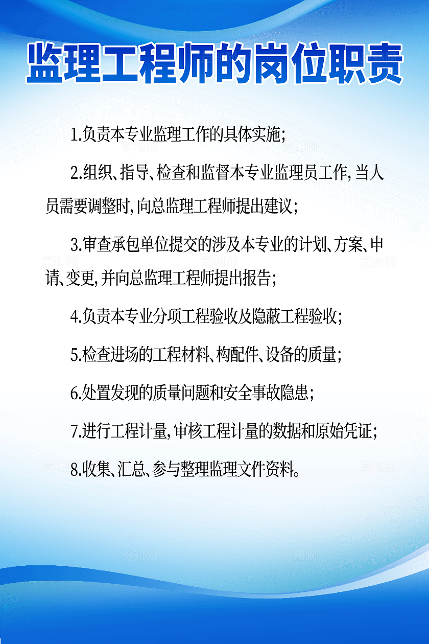 蓝色简约公司制度监理工程师的岗位职责制度海报