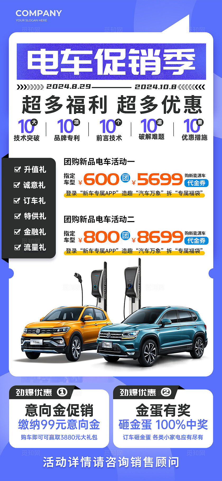 蓝色简约风新能源汽车促销活动手机文案海报