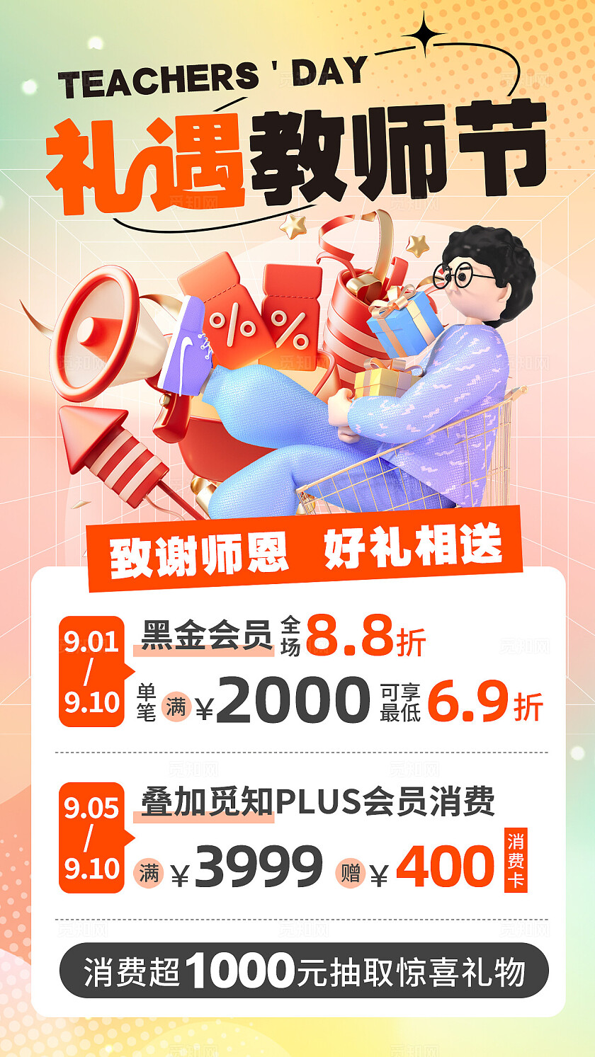 橙色3D风礼遇教师节教师节促销手机文案海报