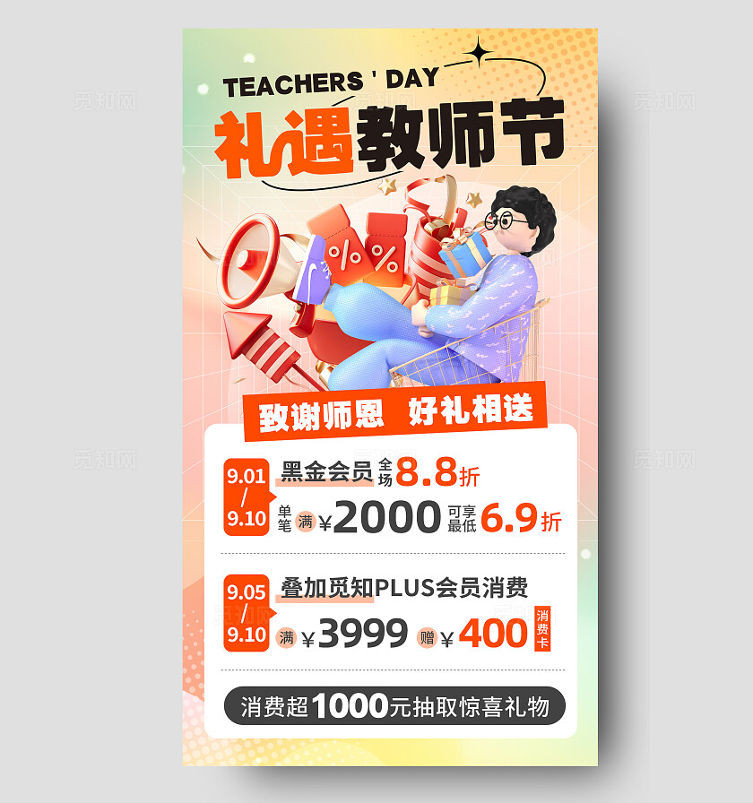 橙色3D风礼遇教师节教师节促销手机文案海报