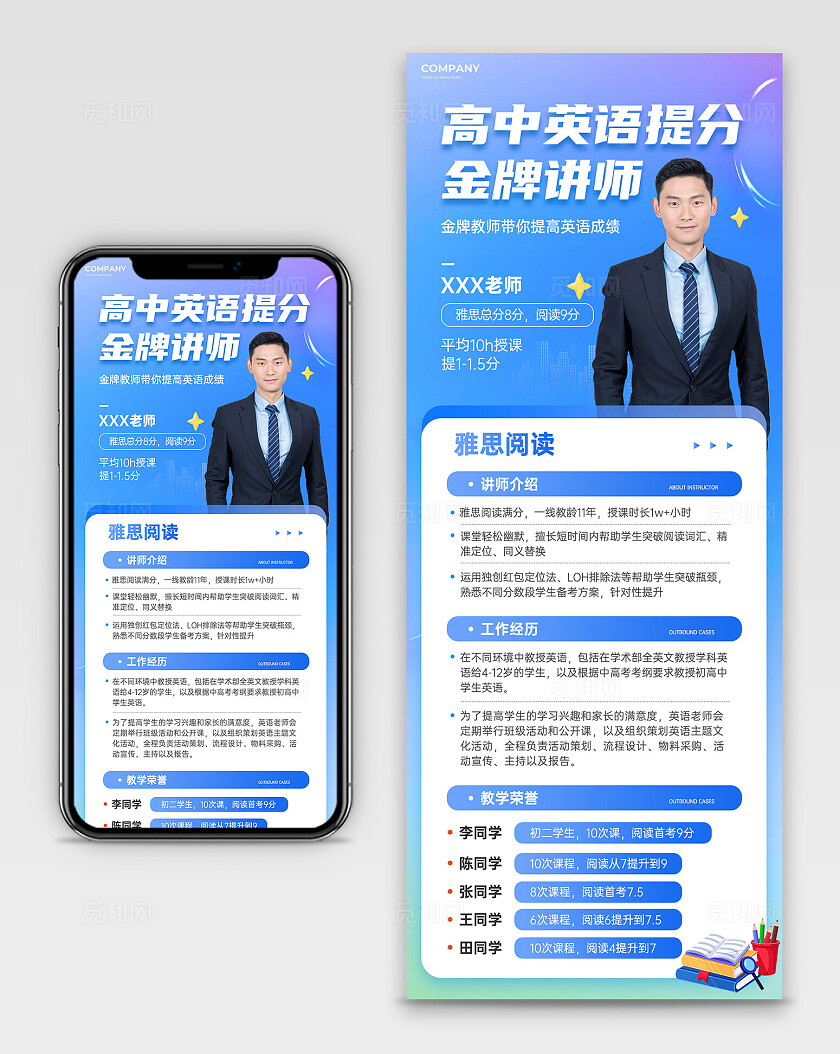 蓝色弥散风英语教师人物介绍宣传长图人物介绍长图