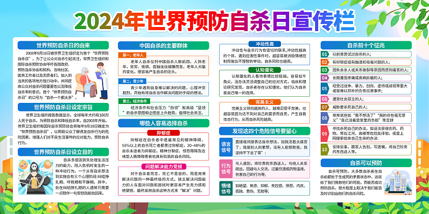 蓝绿色小清新2024年世界预防自杀日知识宣传栏背景