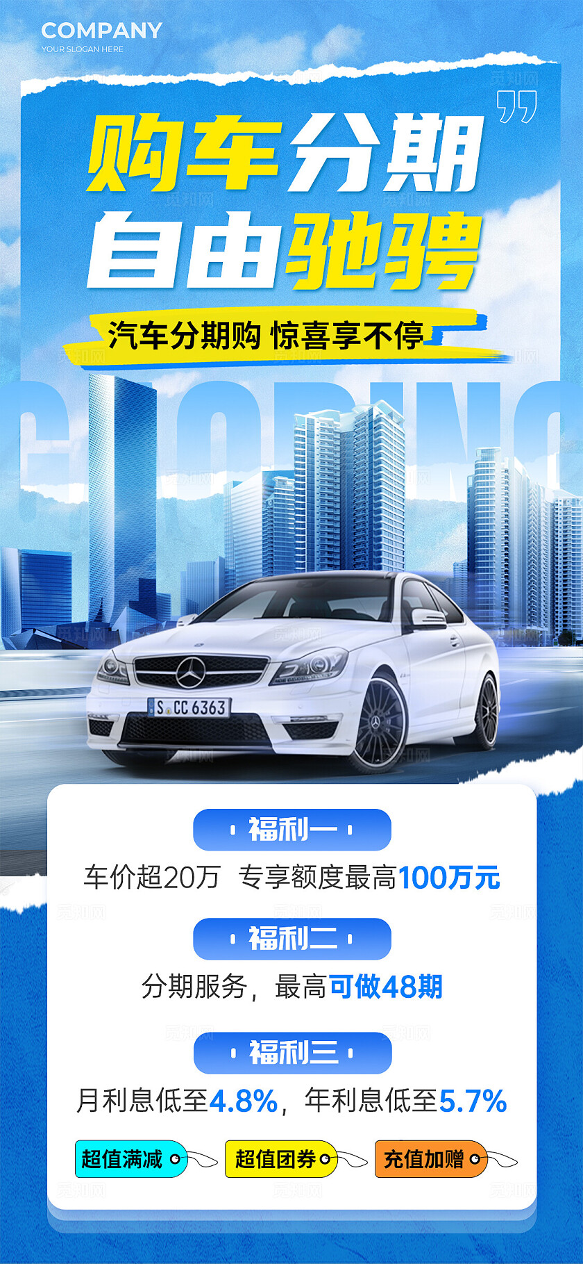 蓝色撕纸风分期买车汽车主题手机文案海报