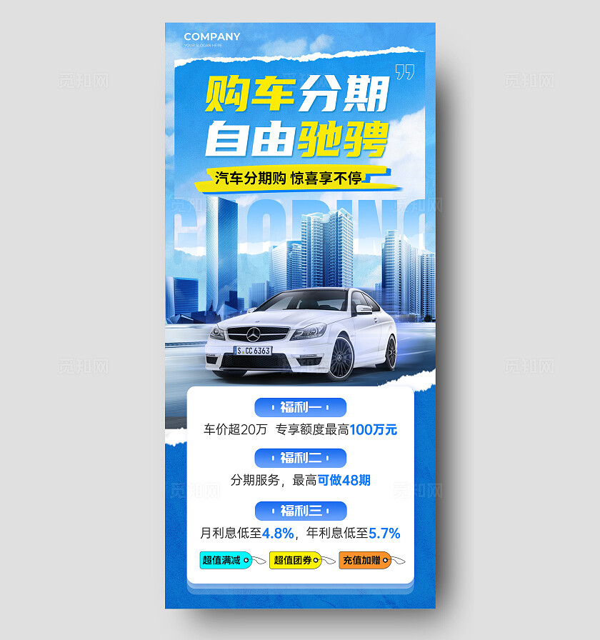 蓝色撕纸风分期买车汽车主题手机文案海报