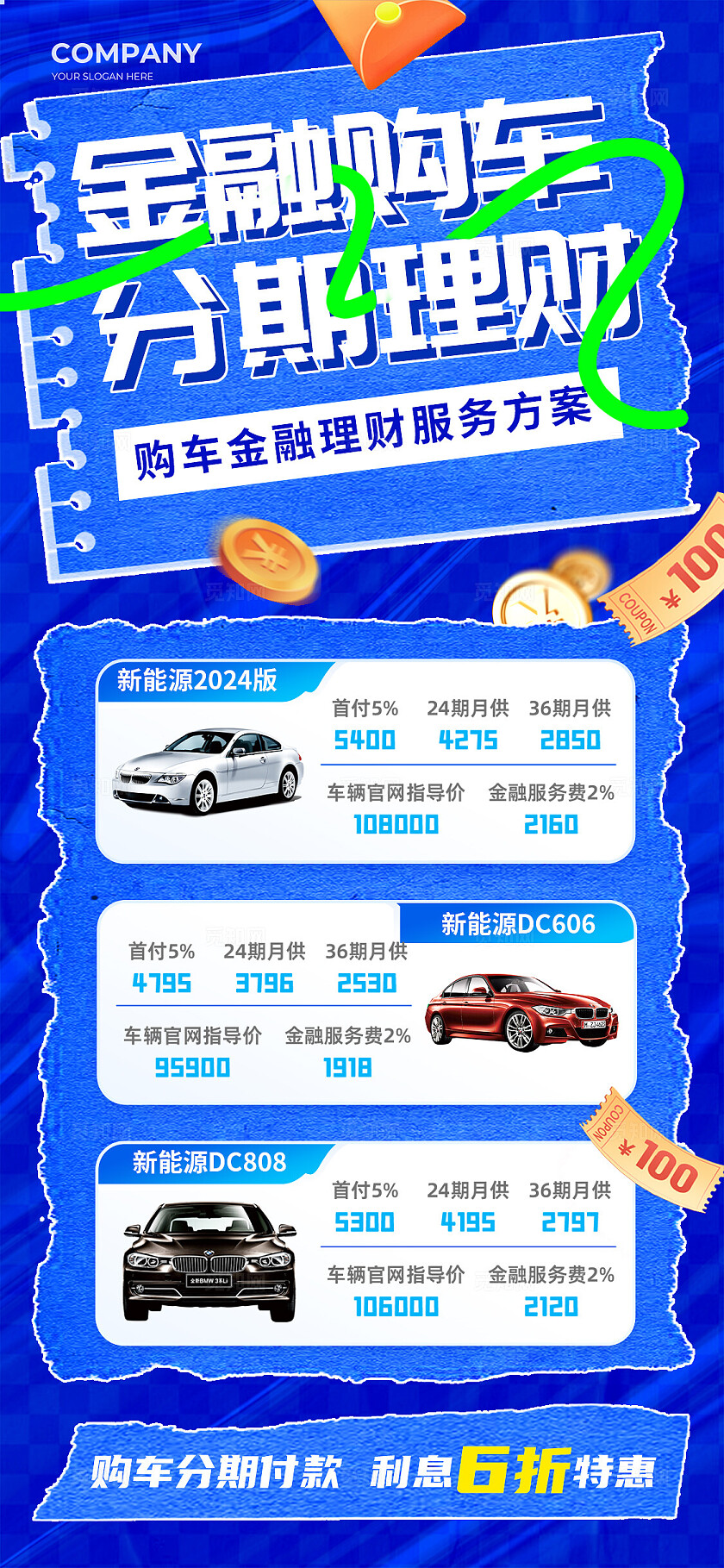 蓝色撕纸风金融购车汽车活动主题手机文案海报汽车宣传
