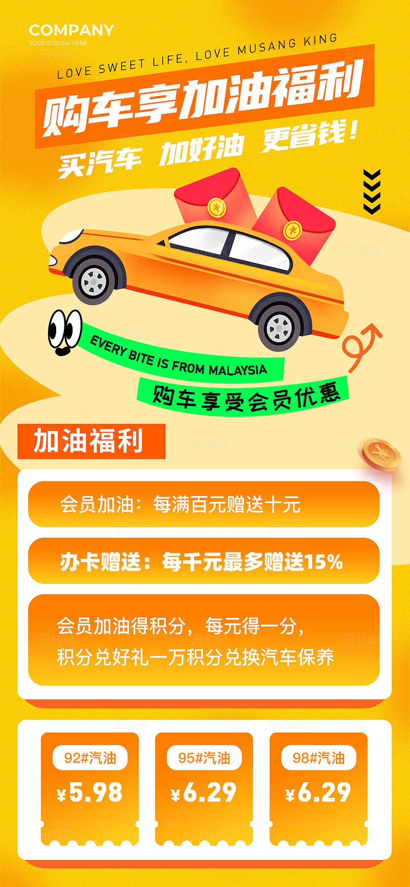 黄色插画风购车加油汽车主题宣传海报汽车宣传
