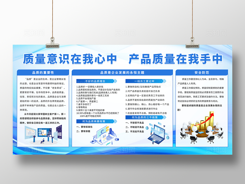 蓝色简约科技感企业质量意识宣传栏展板设计