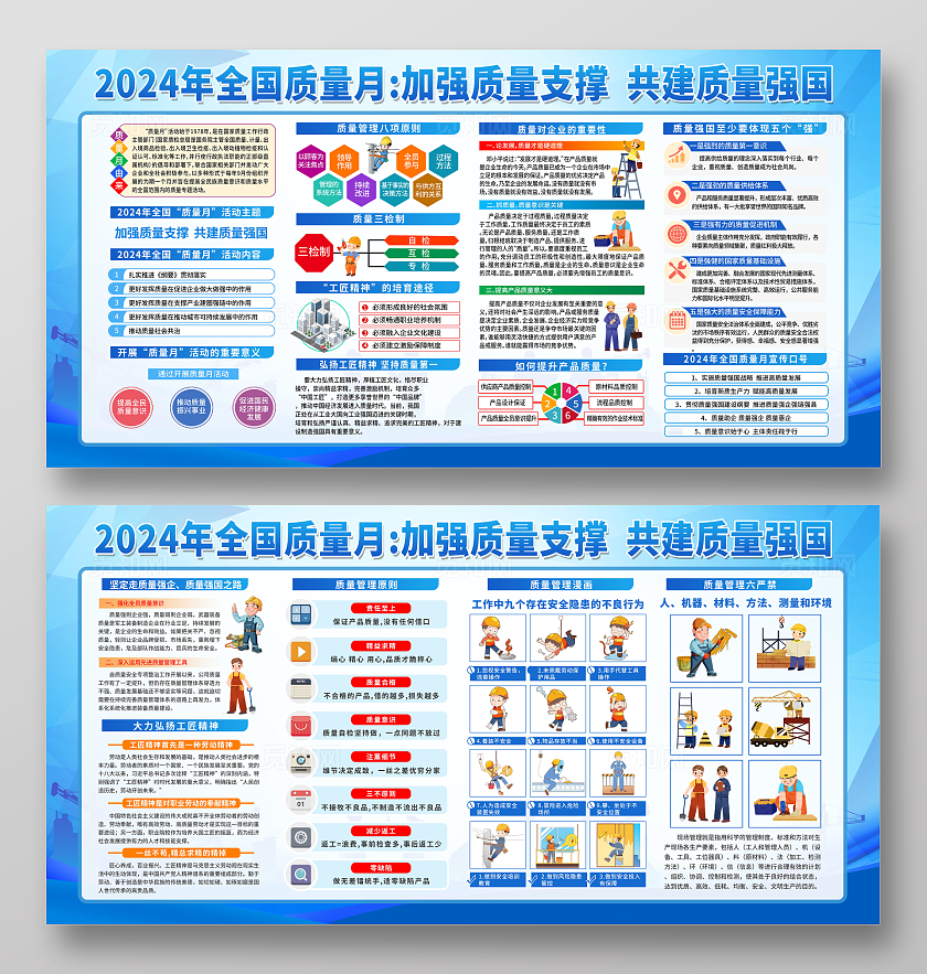 蓝色简约大气2024年质量月宣传科普宣传栏展板设计质量意识