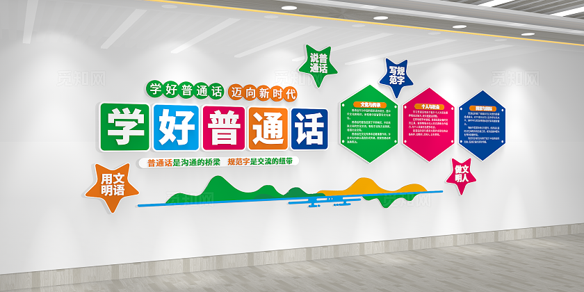 普通话推广宣传周说普通话写规范字校园卡通学好普通话文化墙
