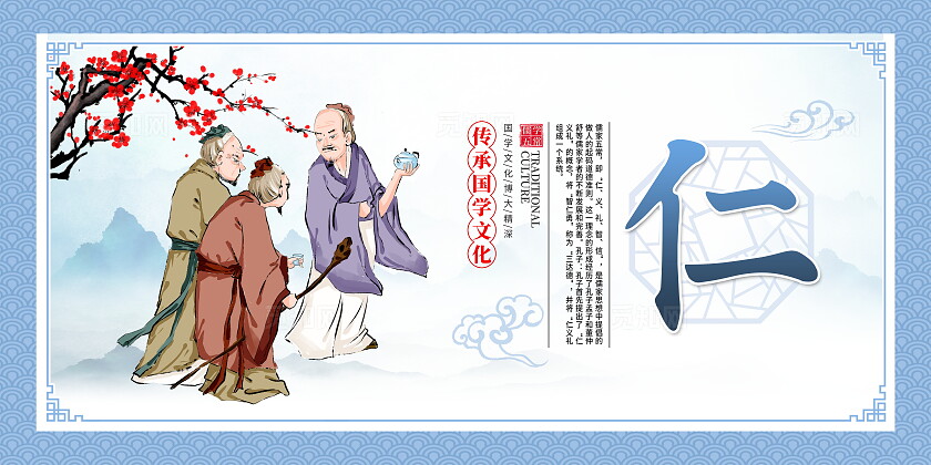 蓝色时尚儒家五常展板设计国学文化儒家五常