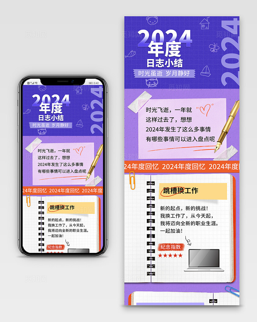 蓝紫色简约风2024个人年度总结手机长图文章长图