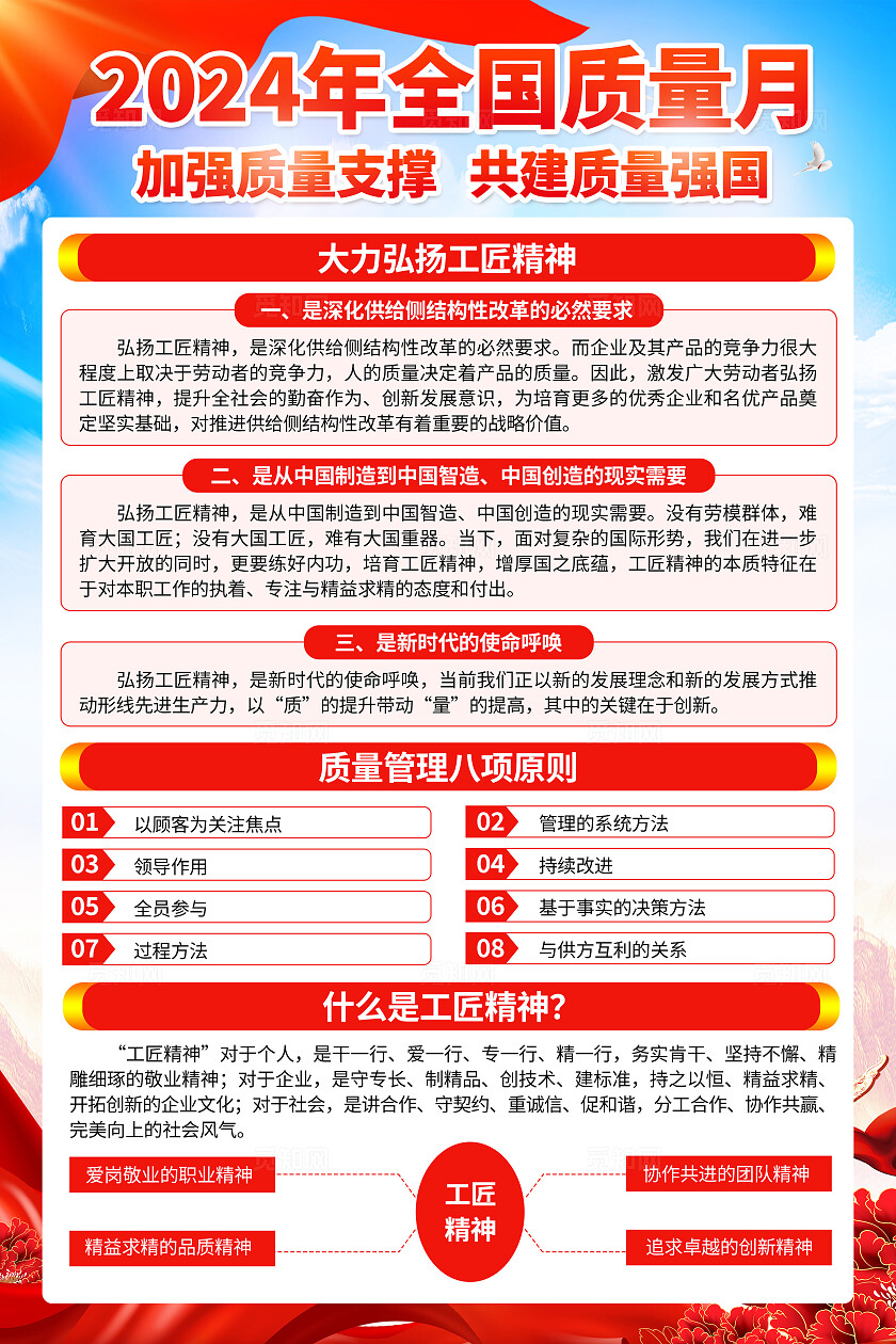 蓝红色简约2024年全国质量月质量强国知识宣传海报套图背景