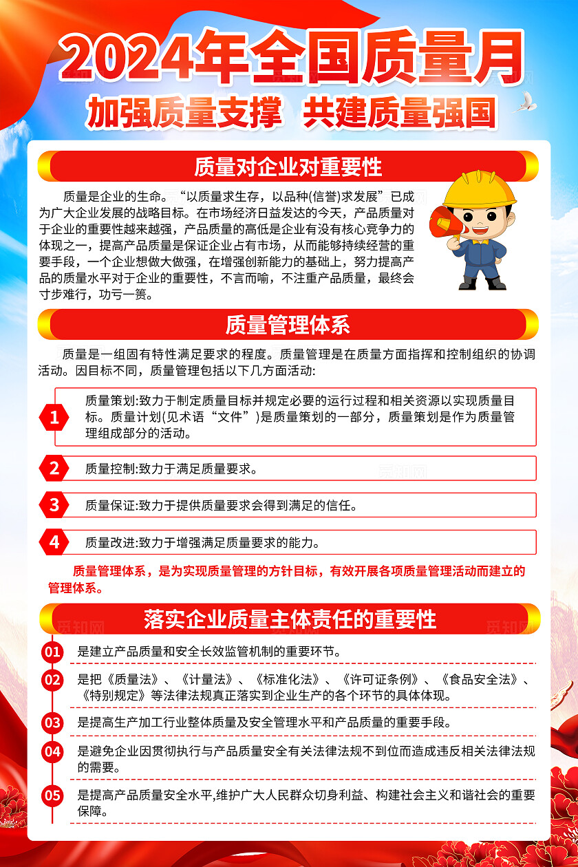 蓝红色简约2024年全国质量月质量强国知识宣传海报套图背景