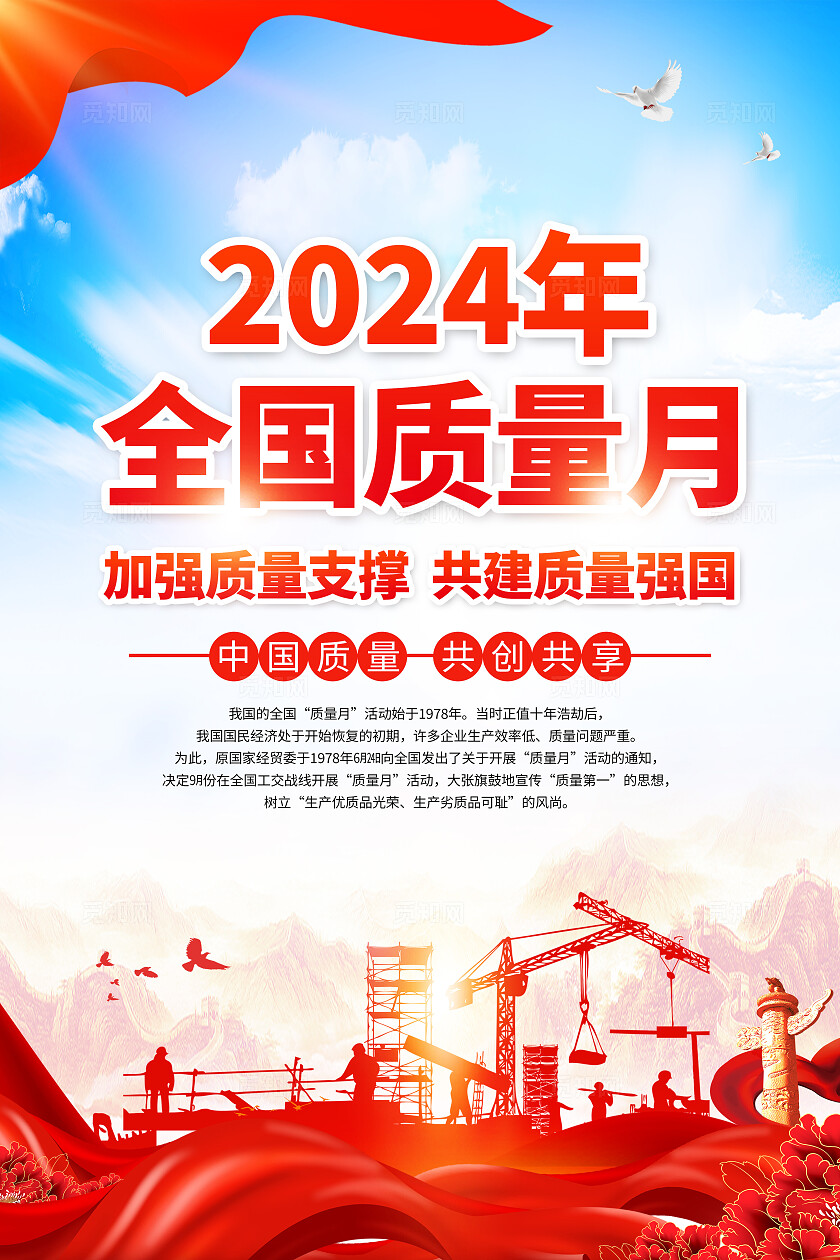 蓝红色简约2024年全国质量月质量强国知识宣传海报套图背景