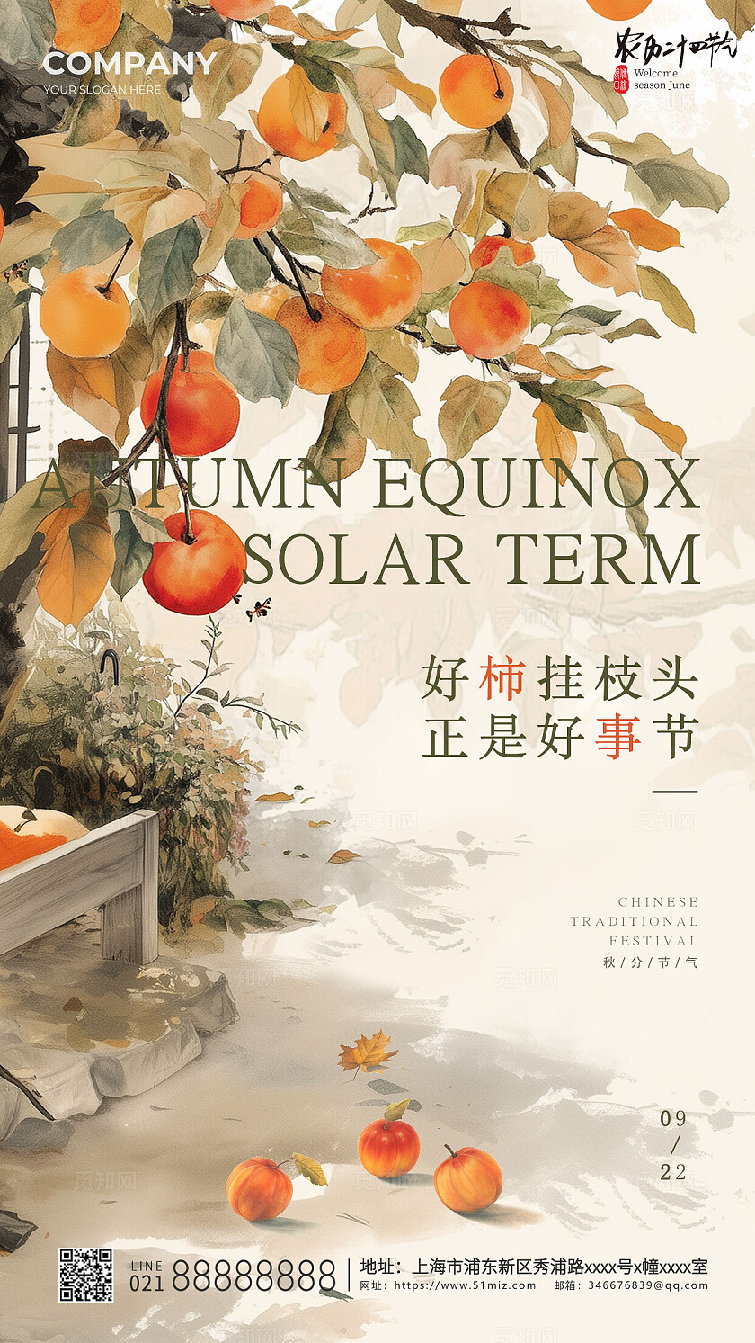 黄色柿子插画秋分节气海报