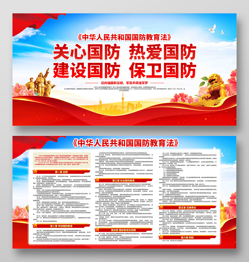 关心国防热爱国防学习贯彻中华人民共和国国防教育法展板