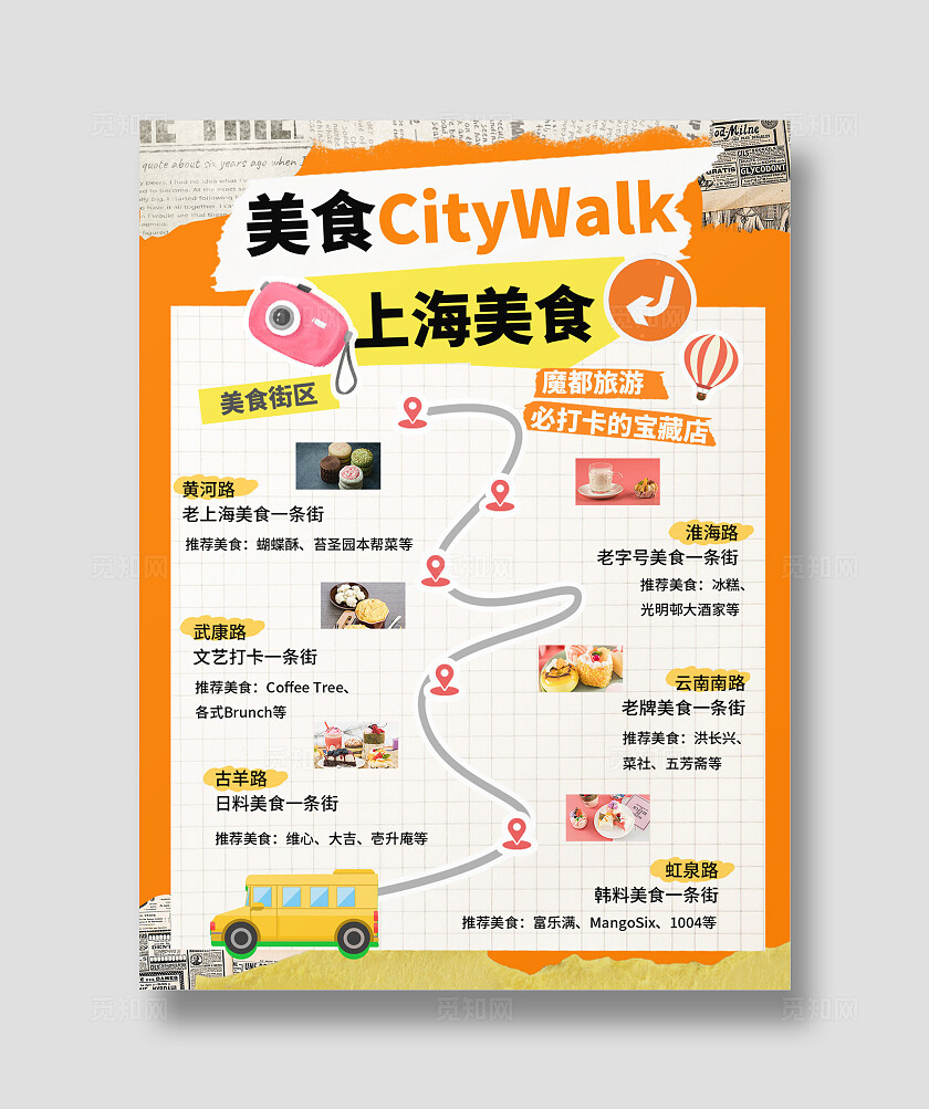 黄色简约风上海美食手账风海报手帐风