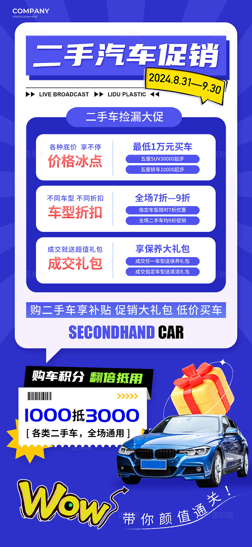 蓝色时尚二手车汽车交易促销宣传海报汽车促销
