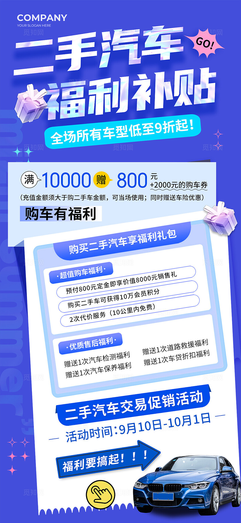 蓝色酸性风大气二手车汽车交易促销宣传海报汽车促销