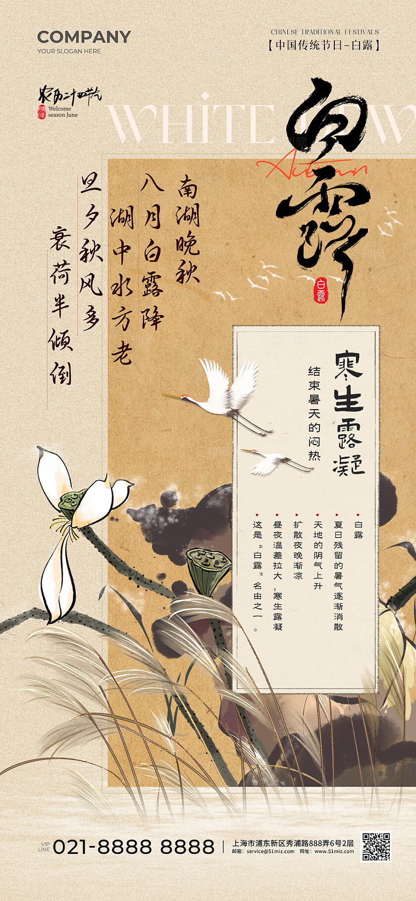复古中国风水墨国画二十四节气白露节气手机宣传海报