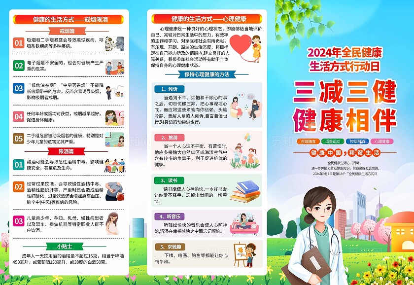 蓝紫色小清新2024年全民健康生活方式活动日知识宣传栏背景全民健康生活方式行动日