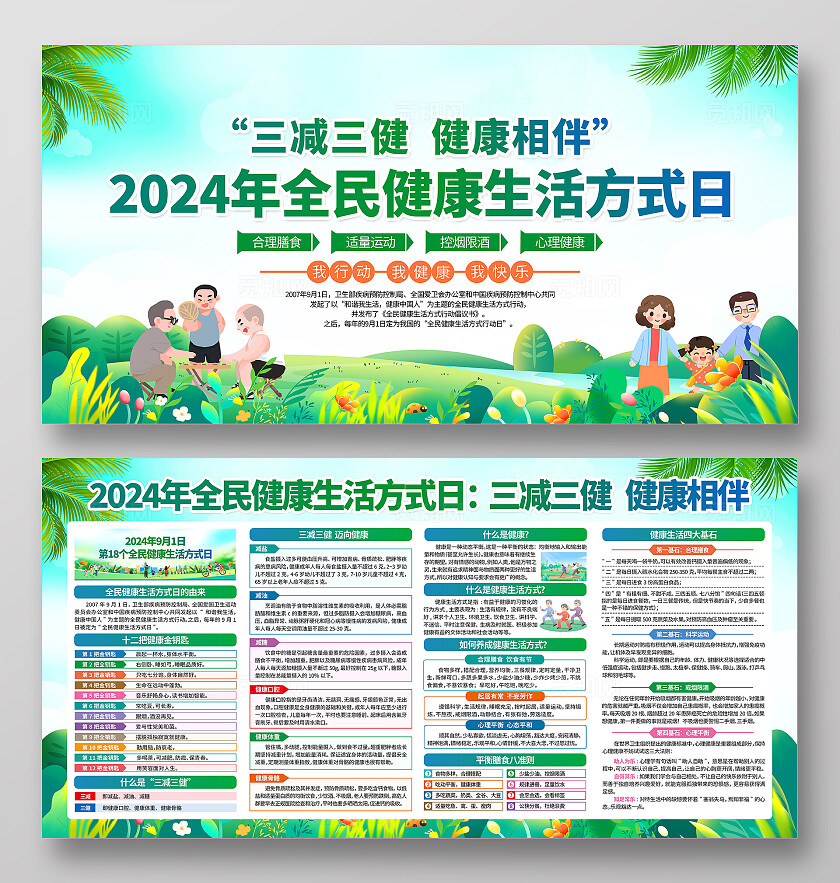 绿色小清新2024年全民健康生活方式日知识宣传栏背景全民健康生活方式行动日